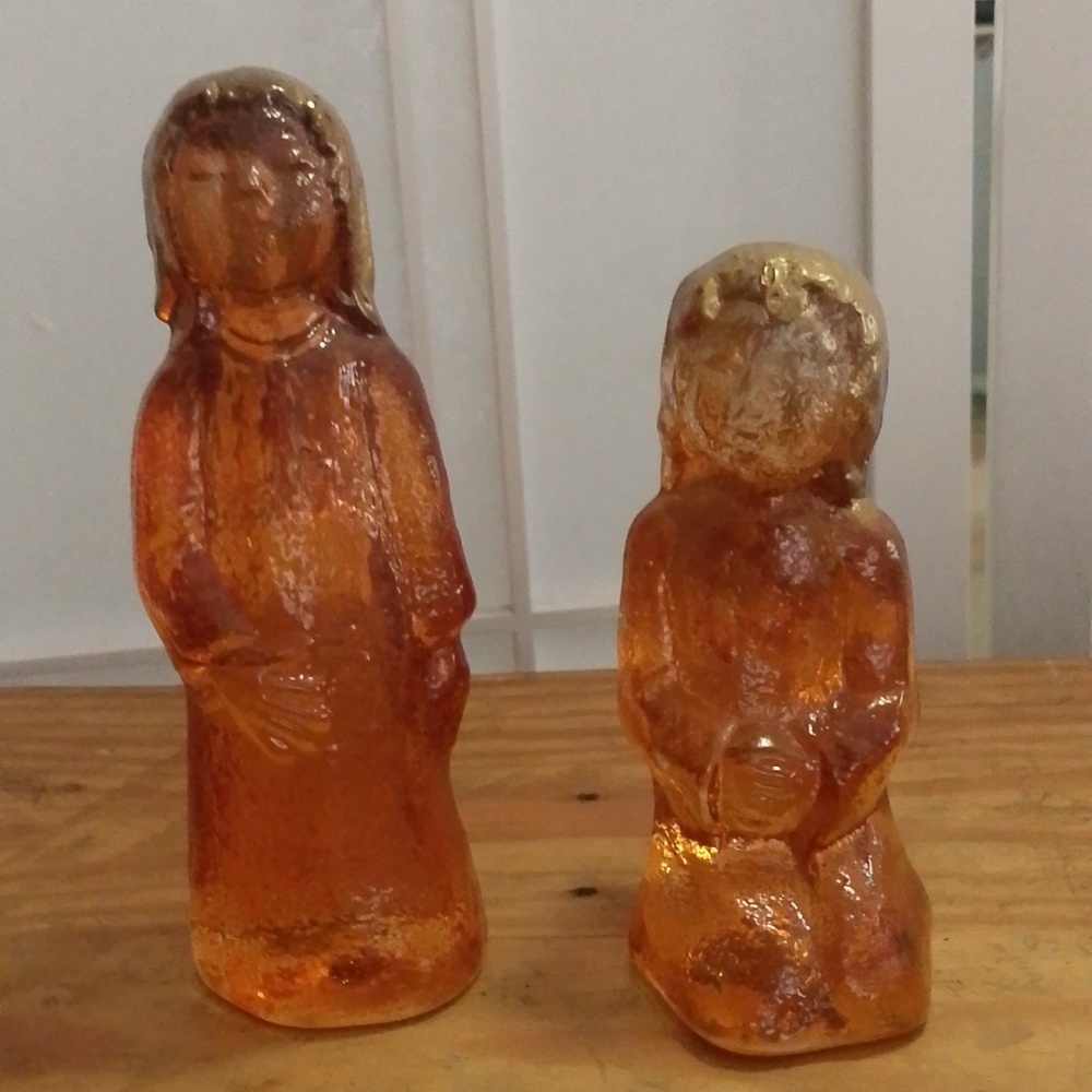Vintage Solid Amber Glass Angels with Gold Wings